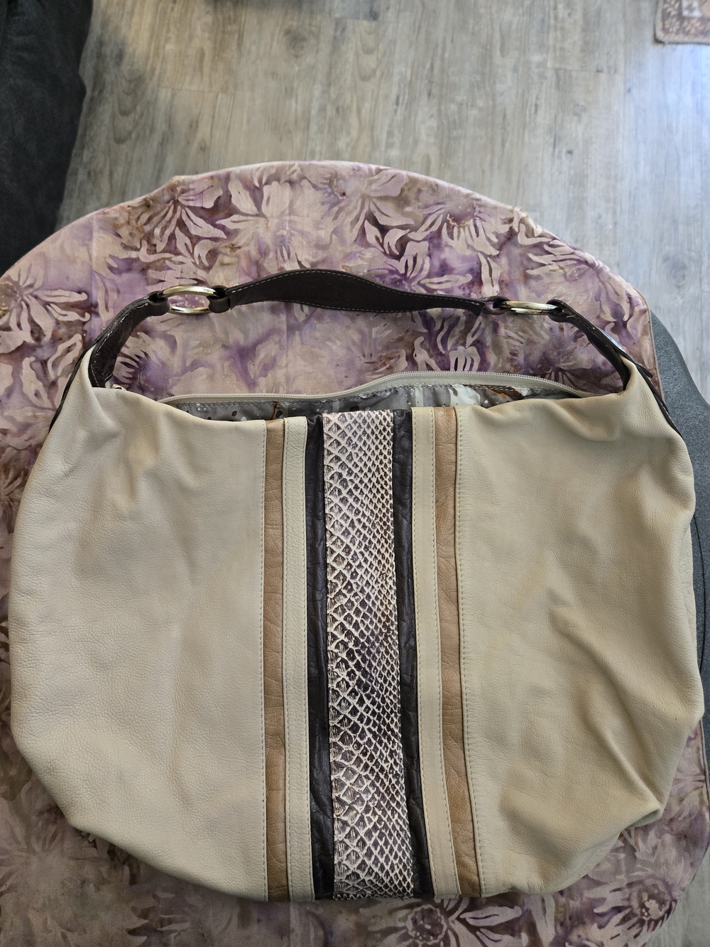 Cream Hobo Shoulder Bag with Snake-Print Accent